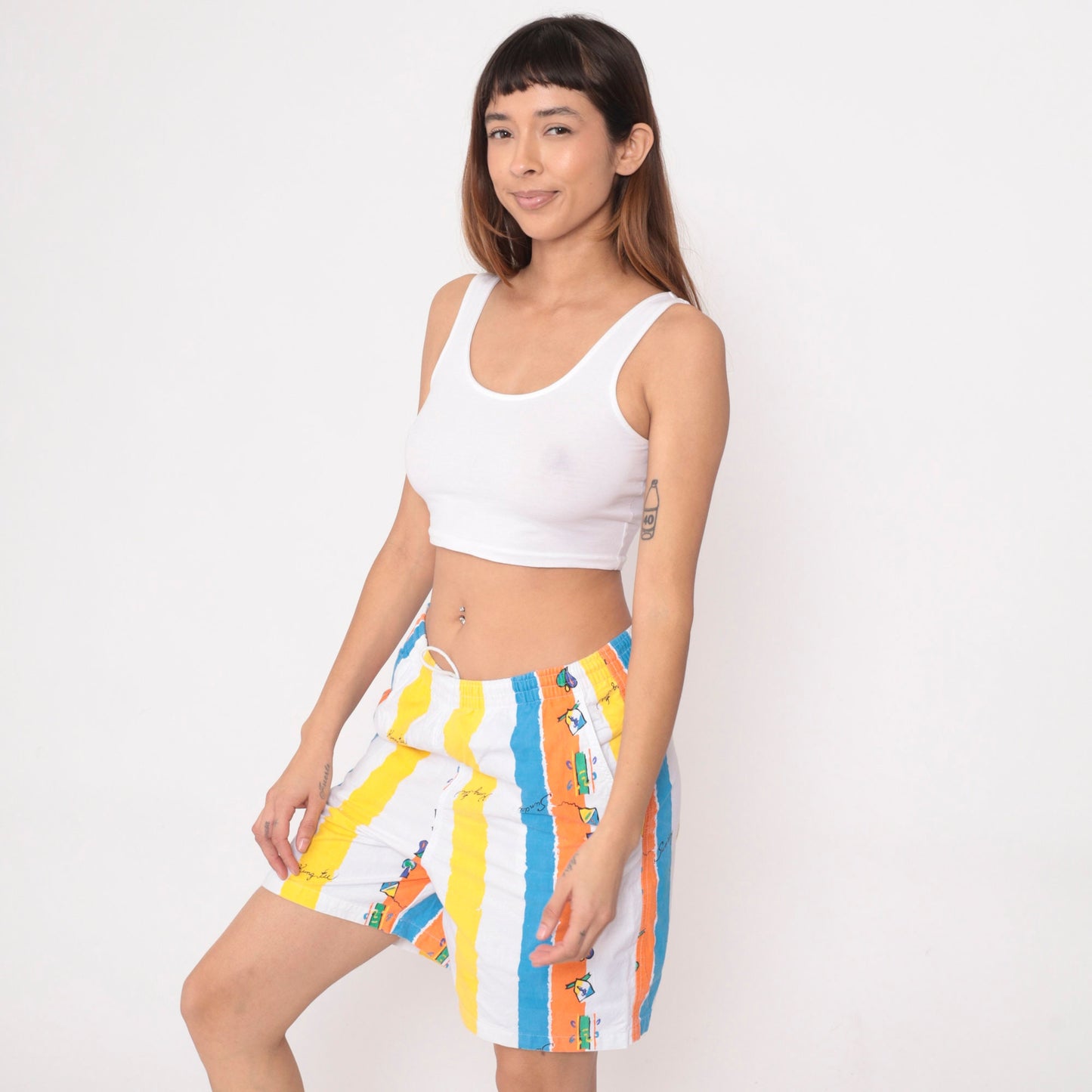 90s Striped Shorts Kung Fu Musical Notes Palm Trees Blue Orange Medium