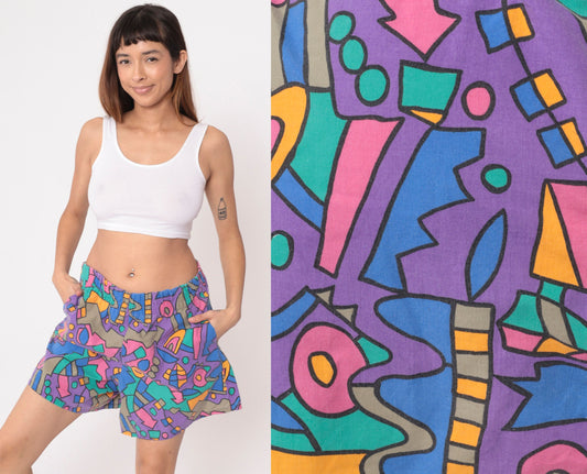 90s Babilonia Geometric Shorts Purple Blue Abstract Baggy High Waist Small