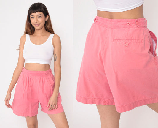 90s Pink Cotton Pleated Shorts High Waist Adjustable Medium