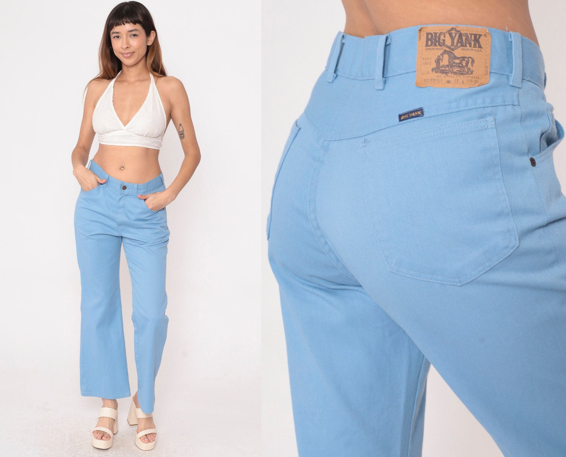 70s Big Yank Flared Trousers Baby Blue High Waist Bellbottoms Medium