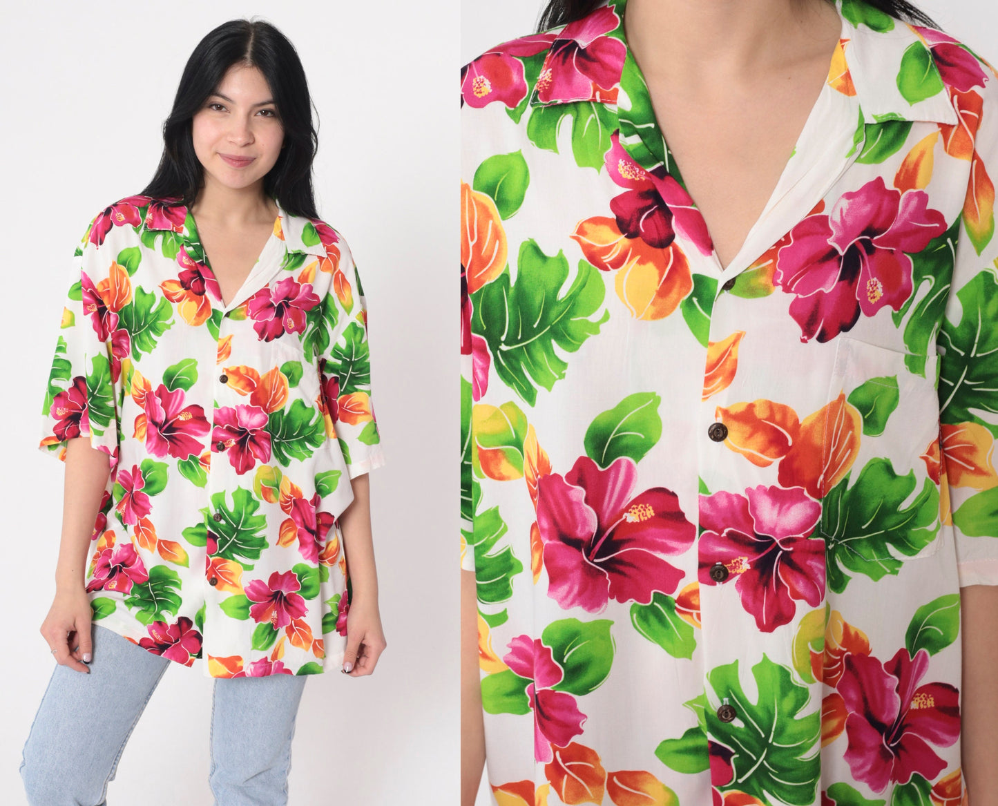 90s Two Palms Hawaiian Shirt White Tropical Floral Button Up Large