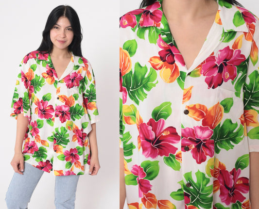90s Two Palms Hawaiian Shirt White Tropical Floral Button Up Large
