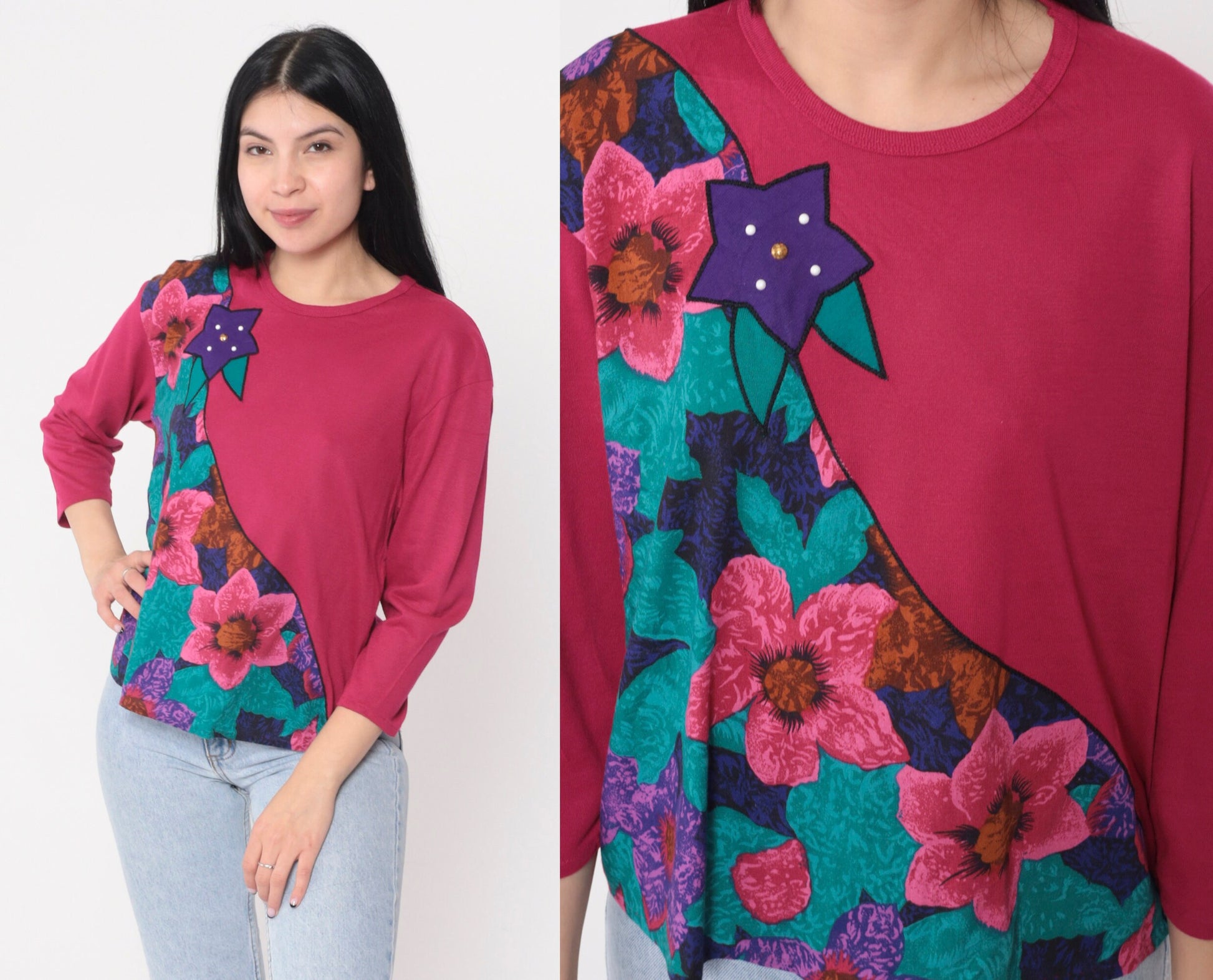90s Pink Floral Long Sleeve Blouse Pearl Beaded Colorblock Shirt Medium