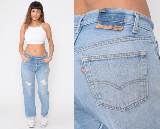 90s Levis 501 Ripped Blue Denim Jeans Button Fly Relaxed Fit Large 36