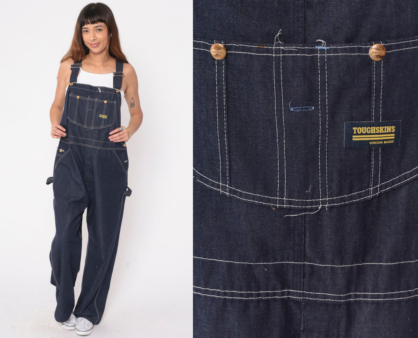70s Toughskins Dark Blue Denim Bib Overalls Straight Leg Men's 40x30