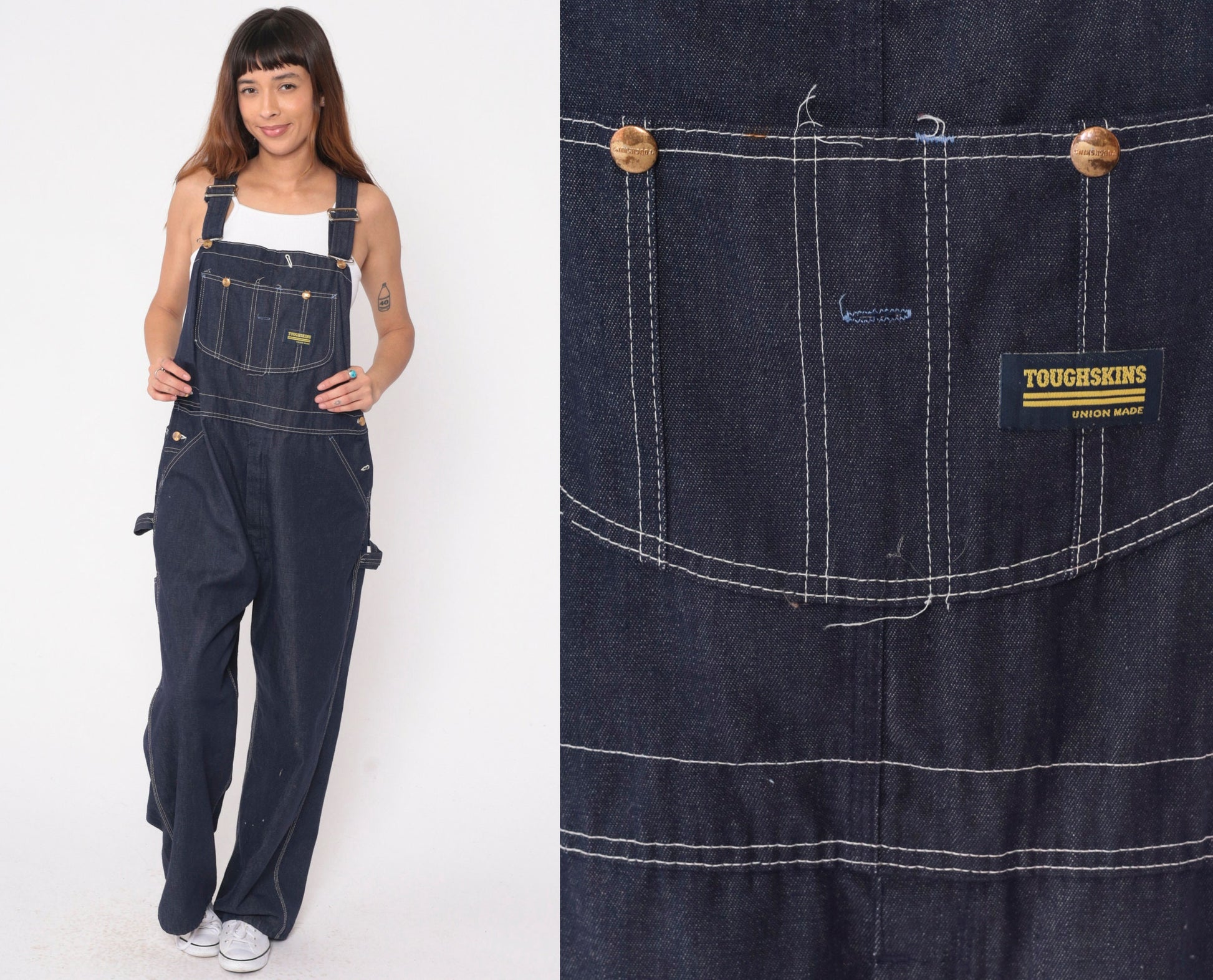70s Toughskins Dark Blue Denim Bib Overalls Straight Leg Men's 40x30