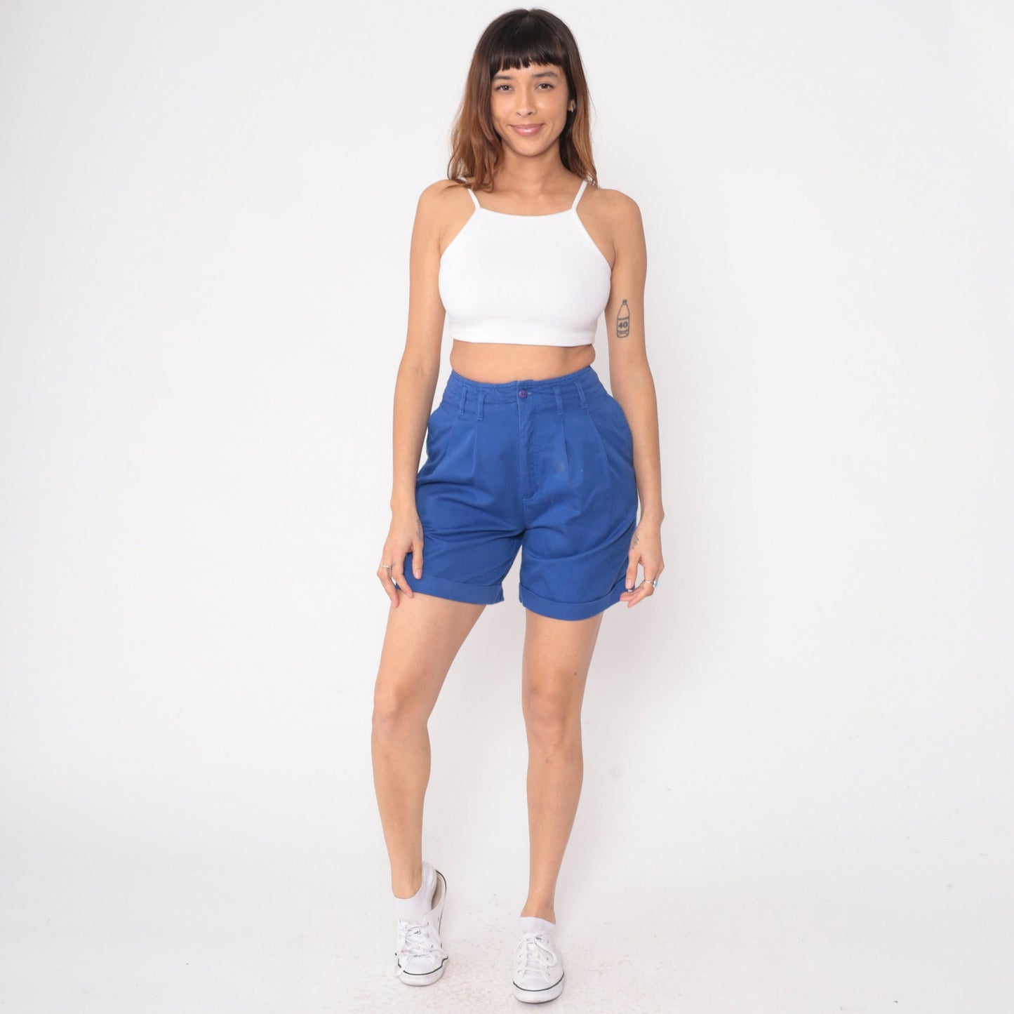 90s High Waisted Pleated Shorts Royal Blue Cotton Small