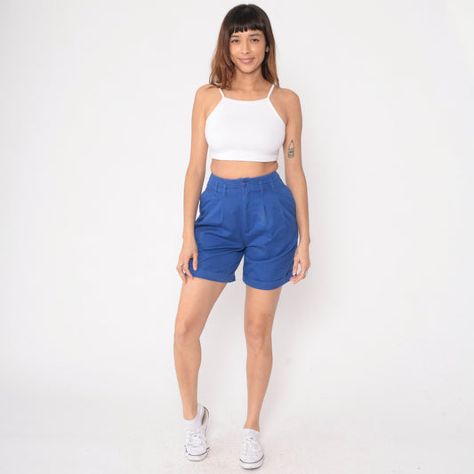 90s High Waisted Pleated Shorts Royal Blue Cotton Small