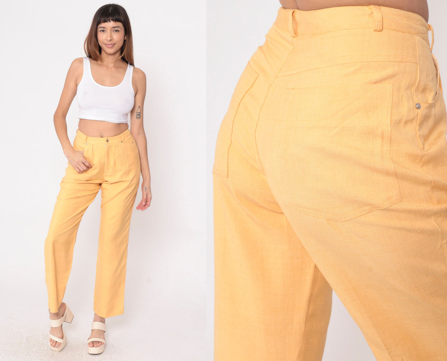 80s Carole Little Light Orange Silk Pleated High-Waist Trousers Small
