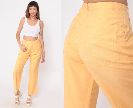 80s Carole Little Light Orange Silk Pleated High-Waist Trousers Small