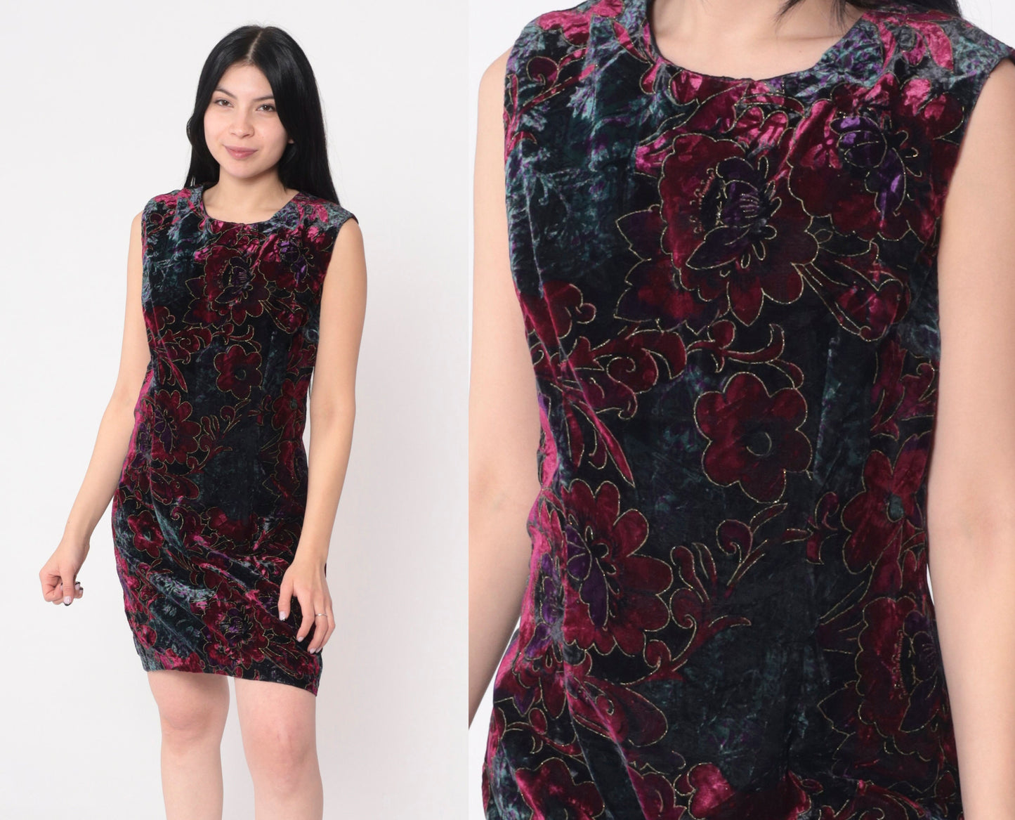 90s Velvet Floral Metallic Mini Dress Sleeveless Shift Jewel Tone Medium