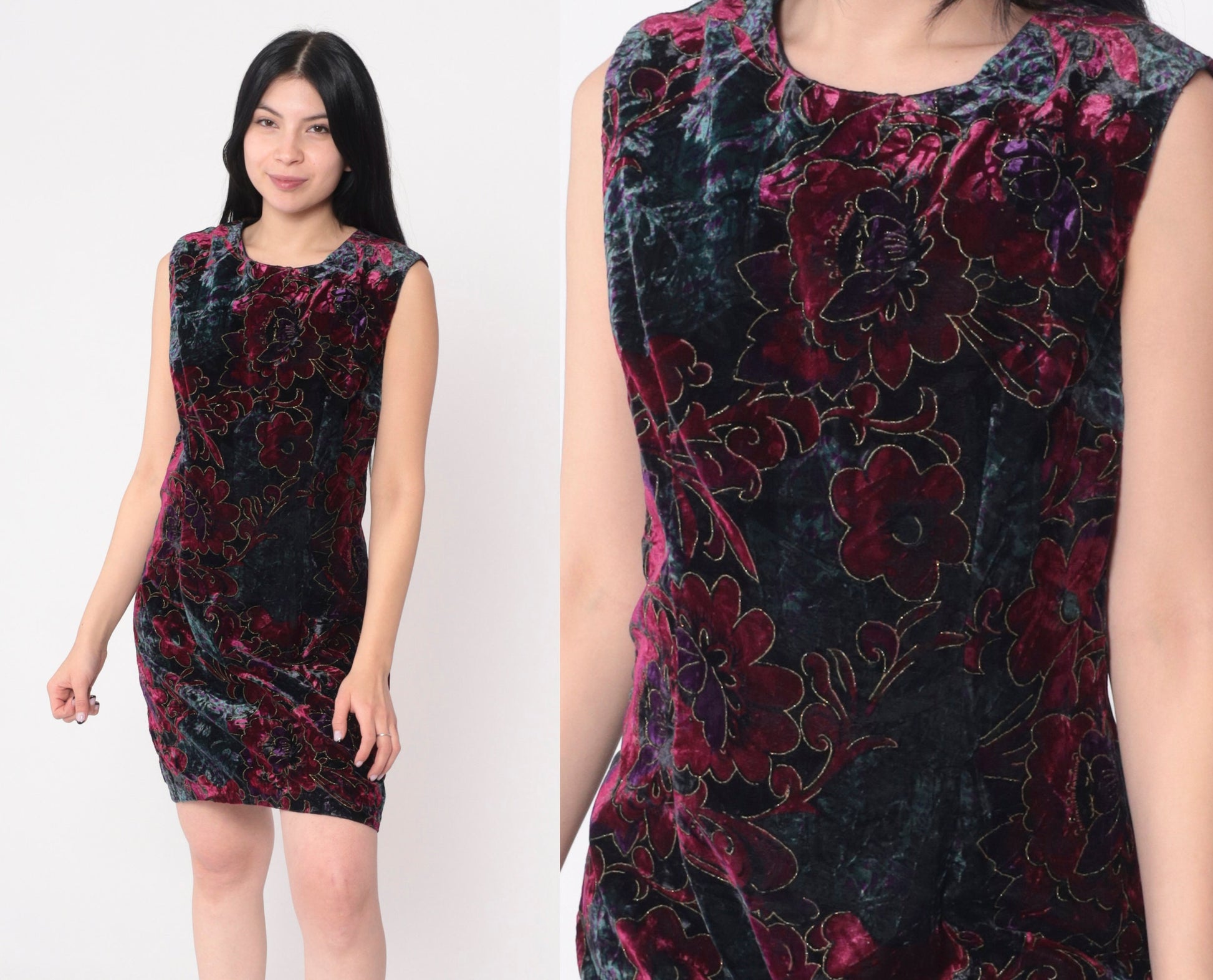 90s Velvet Floral Metallic Mini Dress Sleeveless Shift Jewel Tone Medium