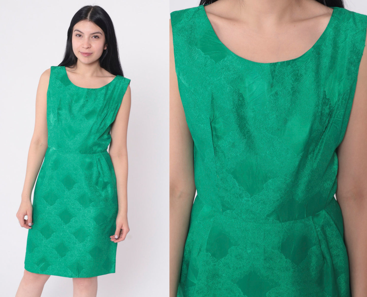 1960s Green Damask Floral Cocktail Dress Sleeveless Mini Small
