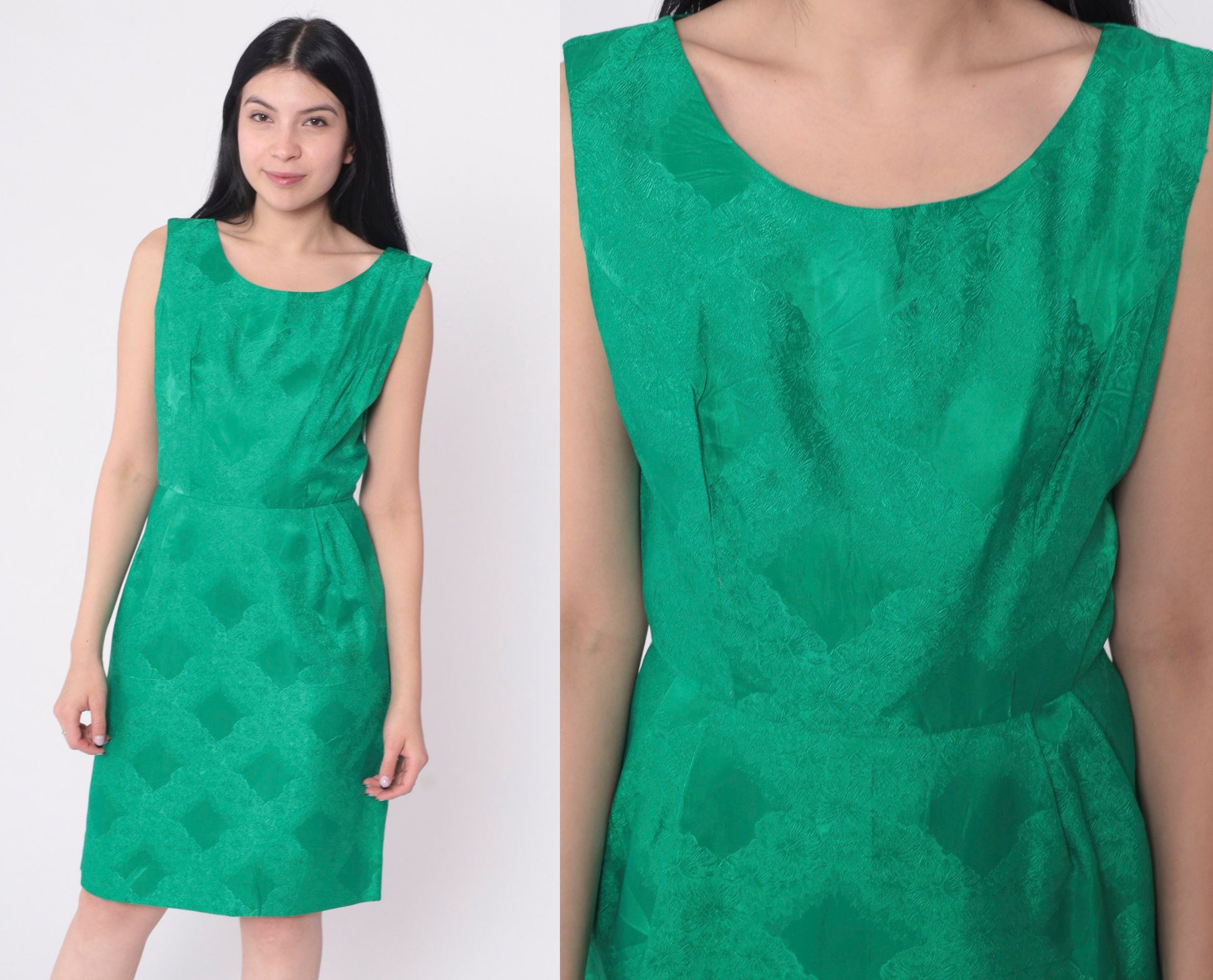 1960s Green Damask Floral Cocktail Dress Sleeveless Mini Small