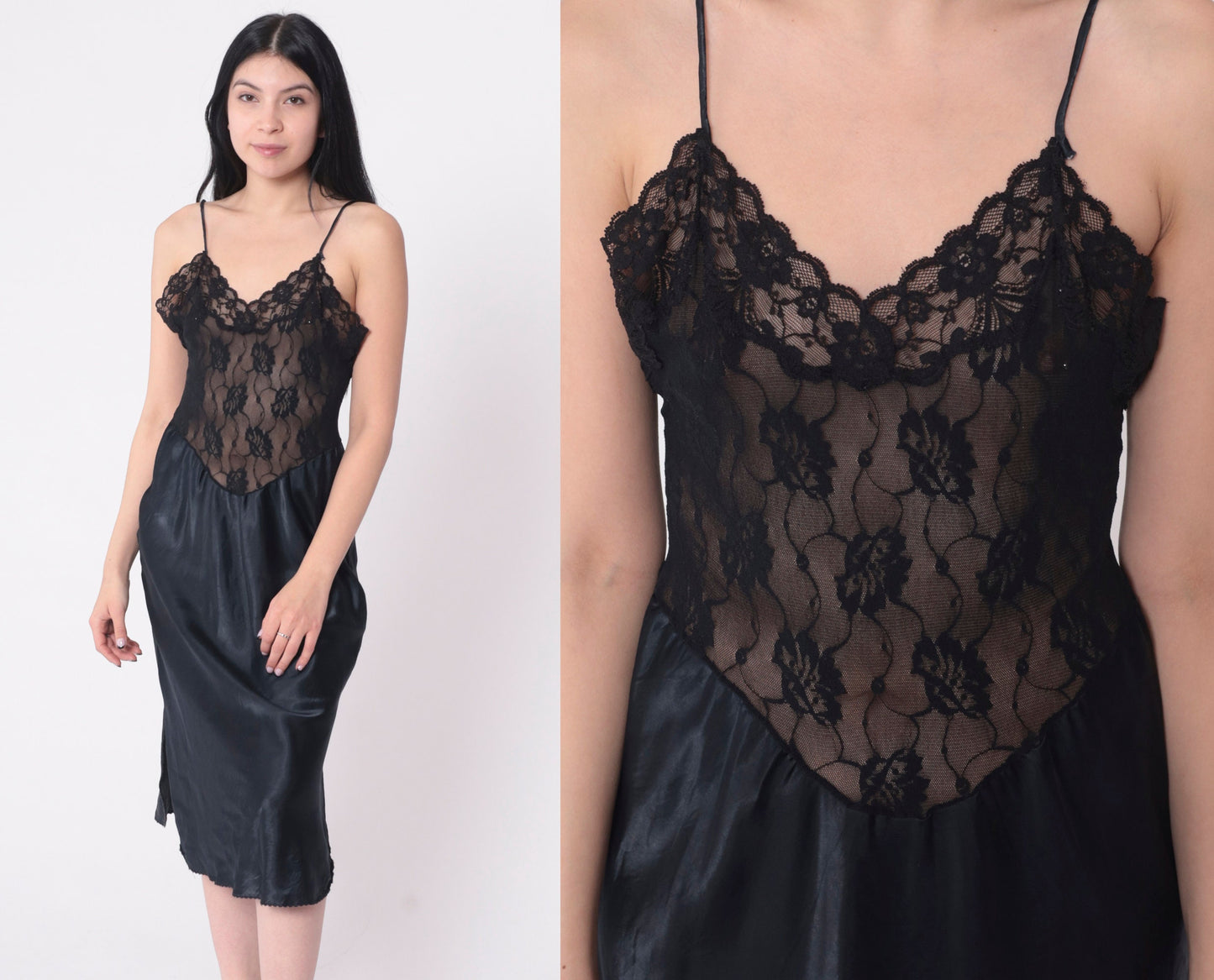 80s Black Sheer Lace Slip Dress Basque Waist V Back Midi Lingerie Medium