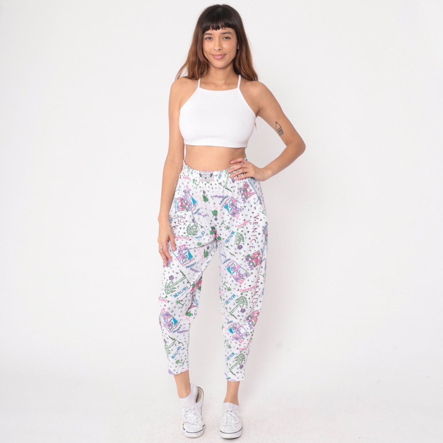 90s Gravity Los Angeles Beach Parachute Pants White Palm Tree Flamingo Small