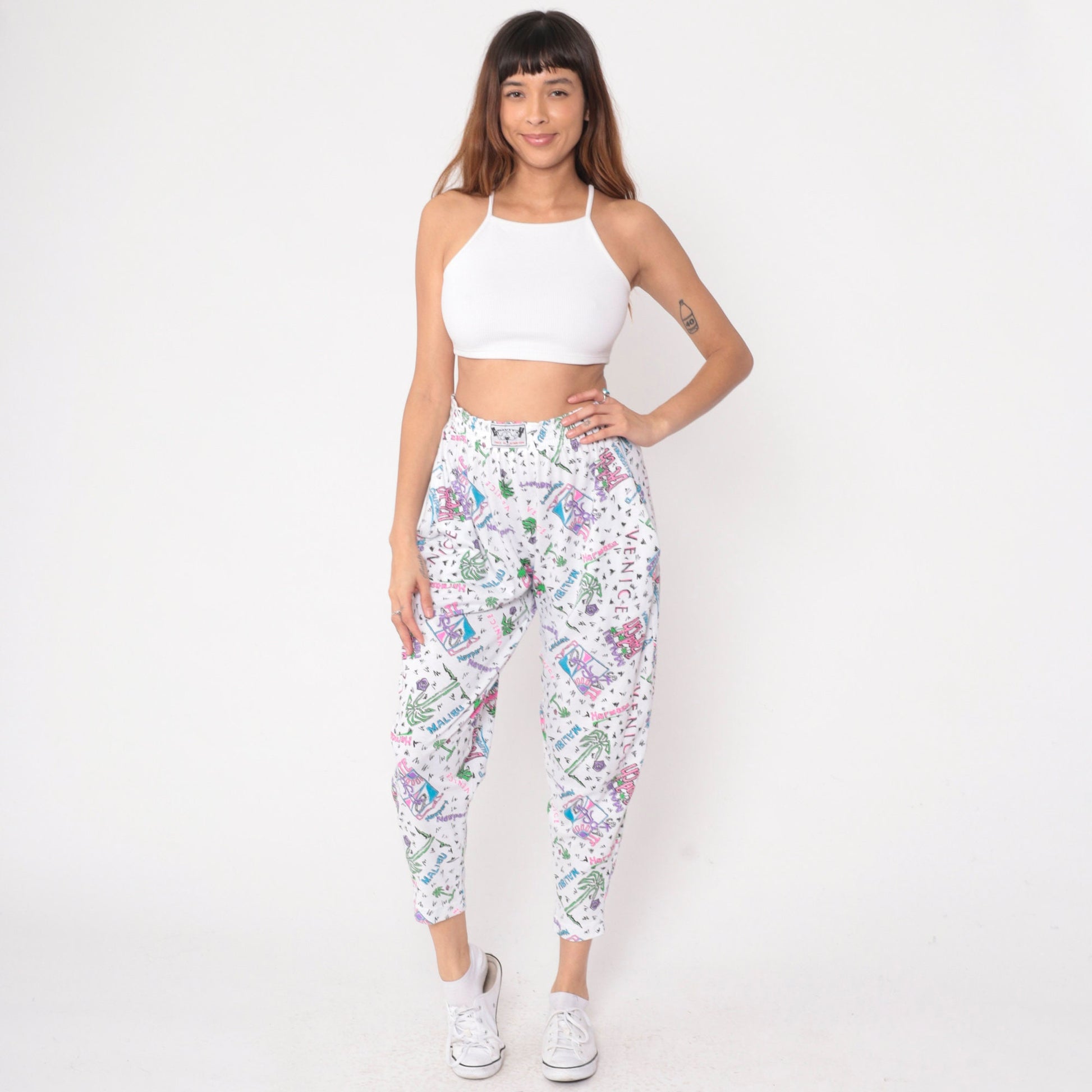 90s Gravity Los Angeles Beach Parachute Pants White Palm Tree Flamingo Small