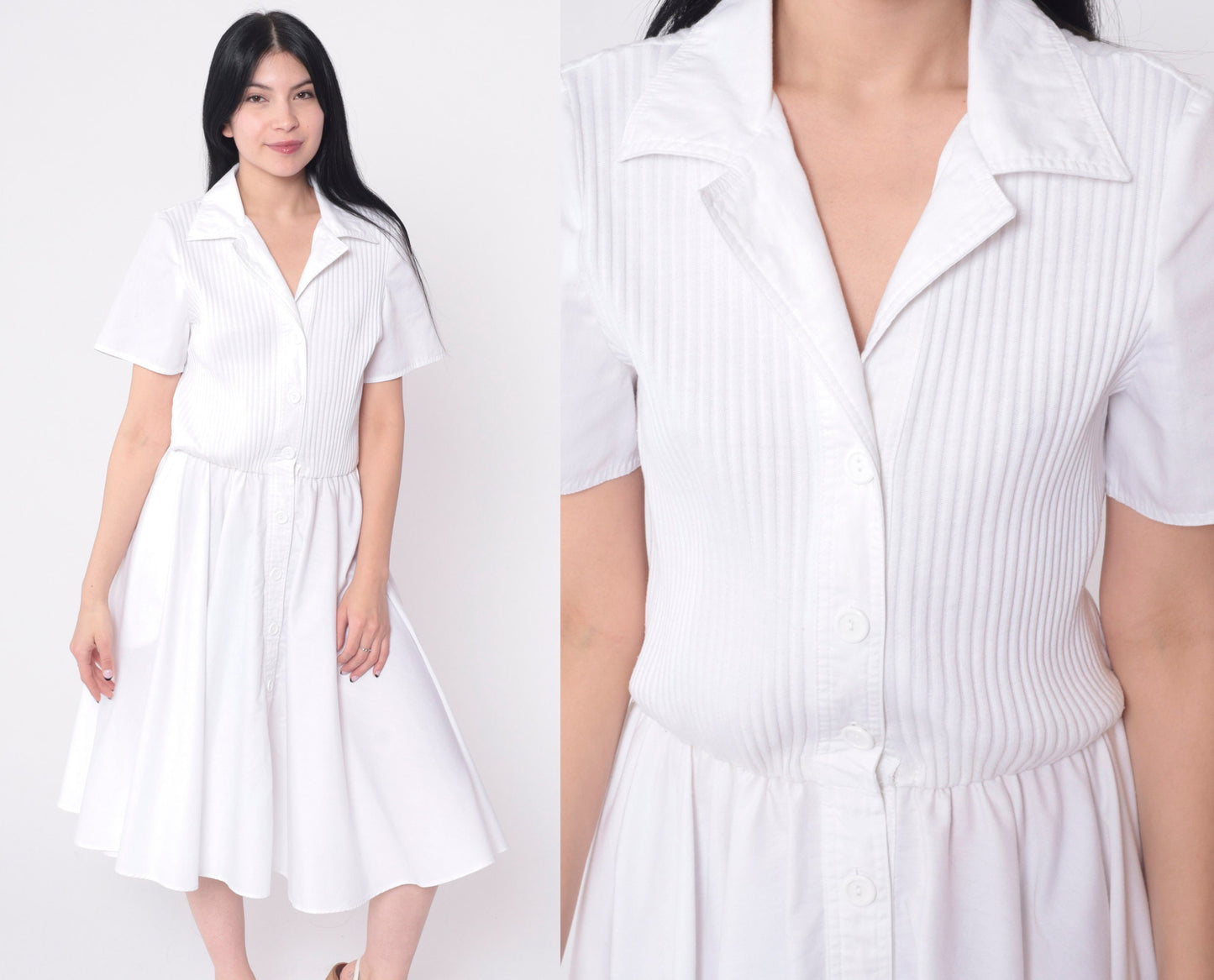 80s White Ribbed Knit Button-Up Shirtdress Elastic Waist Midi Small Medium