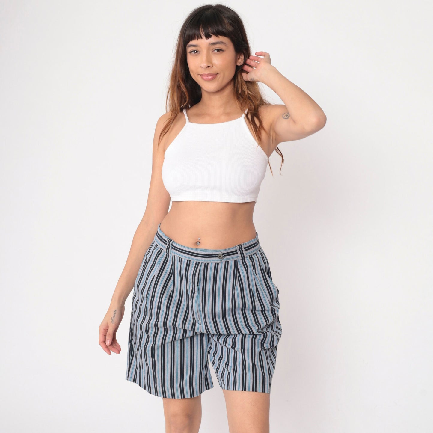 90s Head Sportswear Striped Shorts High Waist Pleated Blue White Black Medium