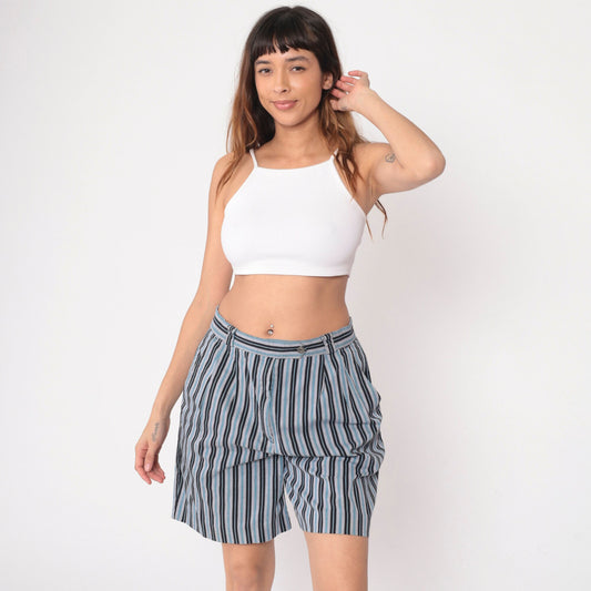 90s Head Sportswear Striped Shorts High Waist Pleated Blue White Black Medium
