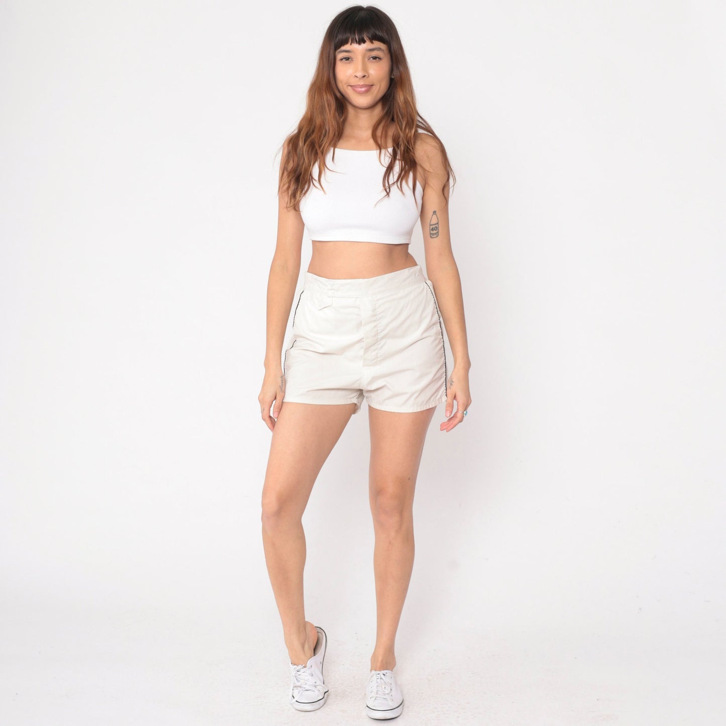 80s BVD Swim Shorts Ecru White High Waist Elastic Waistband Small