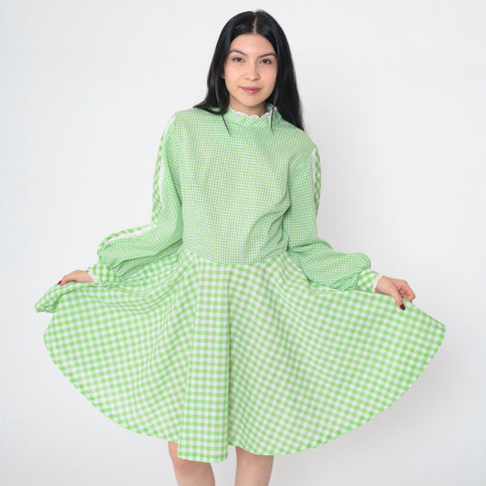 70s Green Gingham Mini Dress Mock Neck Balloon Sleeve Eyelet Lace Small