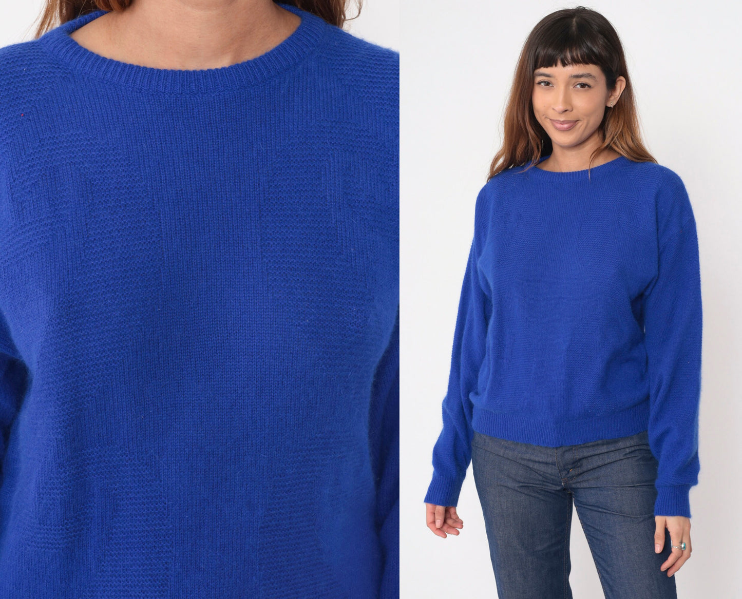 Pierre Cardin 90s Royal Blue Angora Wool Sweater Textured Crewneck Medium M