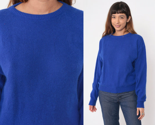 Pierre Cardin 90s Royal Blue Angora Wool Sweater Textured Crewneck Medium M