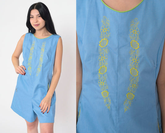 60s Mod Floral Embroidered Romper Blue Sleeveless Mini Cotton Small S