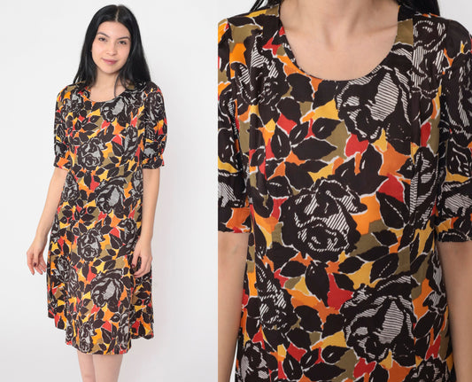 70s Rose Floral Print Mini Dress Puff Sleeve Shift Small