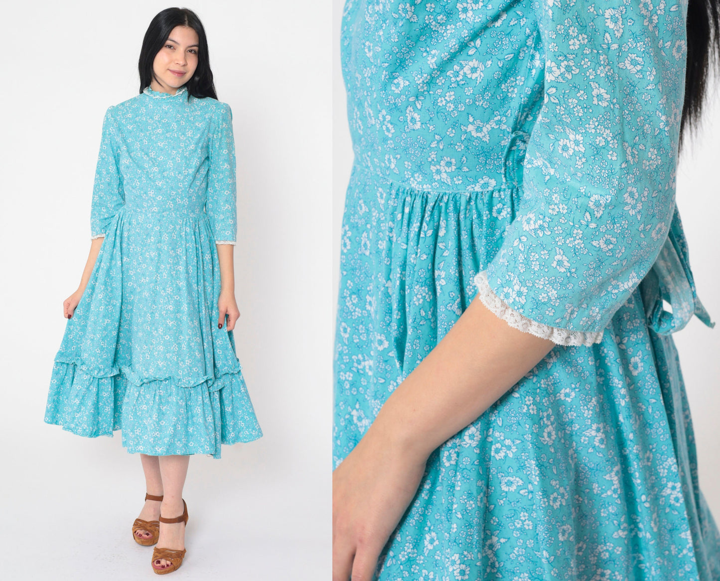70s Blue Calico Floral Midi Dress Tiered 3/4 Sleeve Mock Neck Small