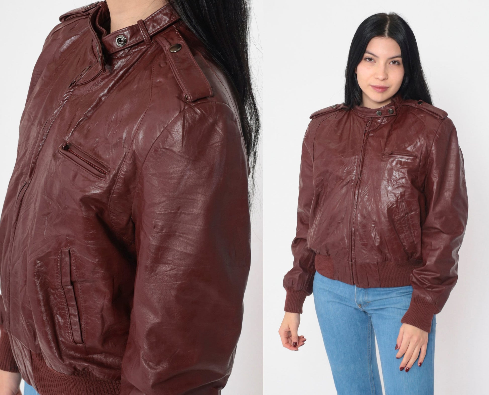 80s Bermans Leather Bomber Jacket Mahogany Brown Zip Moto Small