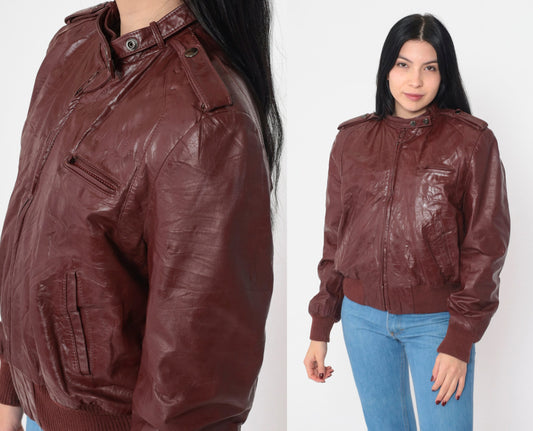 80s Bermans Leather Bomber Jacket Mahogany Brown Zip Moto Small