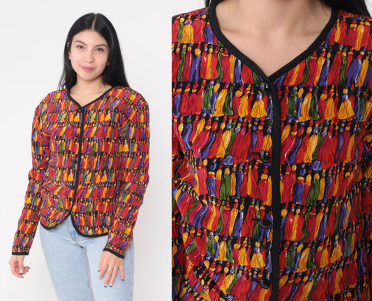 90s Quilted Jacket Colorful Tassel Print Button-Up Blazer Small