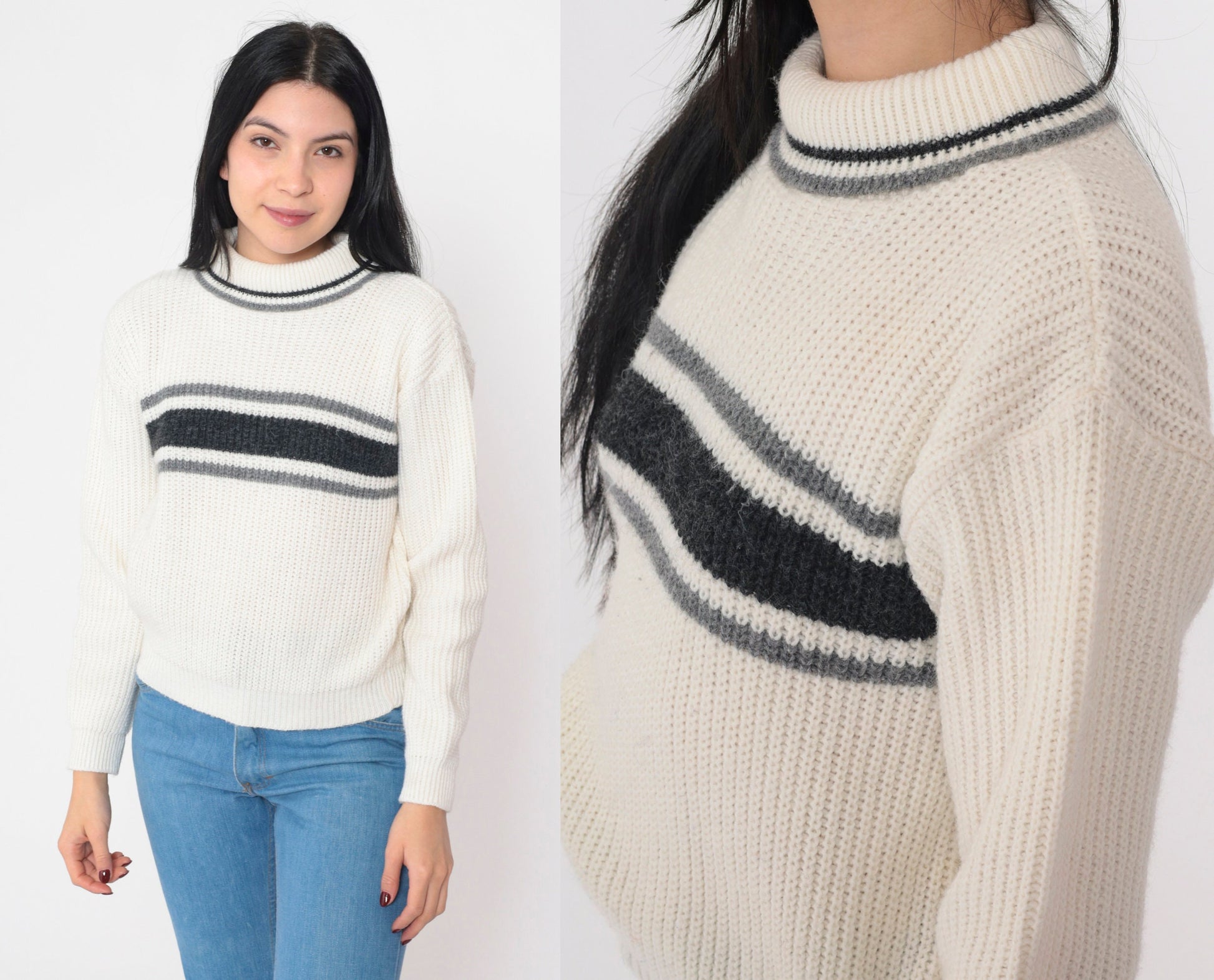 80s White Stag Striped Turtleneck Sweater Black Grey Knit Small