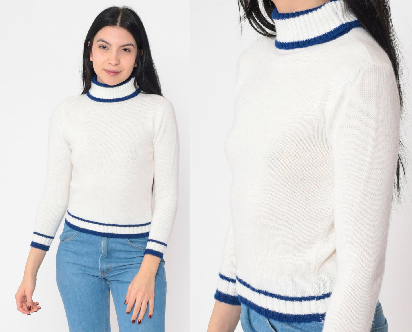 70s White Turtleneck Sweater Blue Striped Ringer Knit Cropped Extra Small