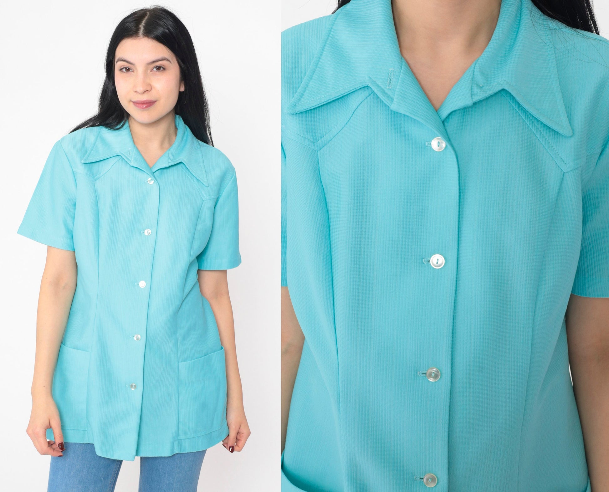 70s Blue Dagger Collar Button-Up Shirt Short Sleeve Longline Tunic Medium