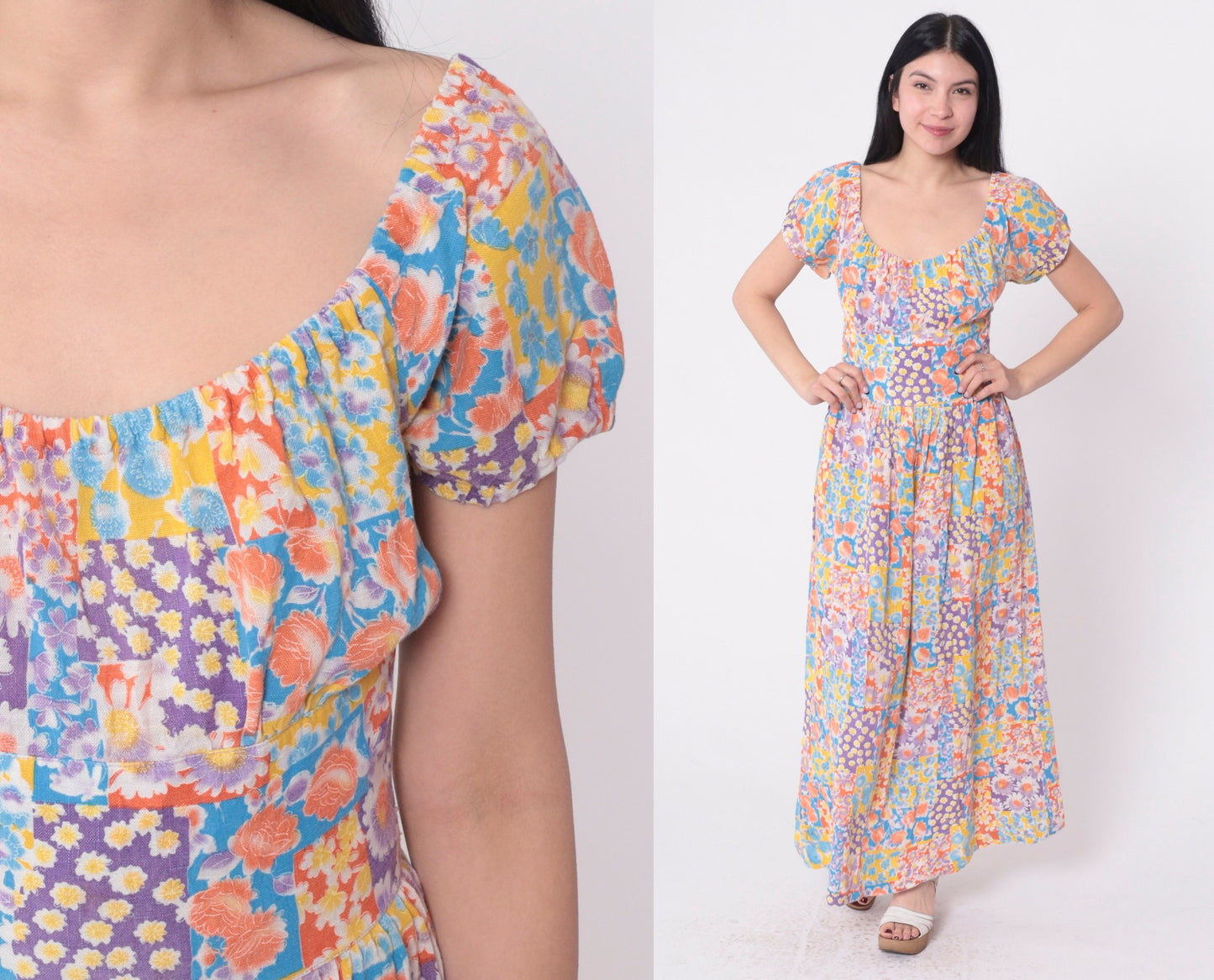 70s Patchwork Floral Off-Shoulder Maxi Dress Midriff Band Small