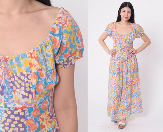 70s Patchwork Floral Off-Shoulder Maxi Dress Midriff Band Small