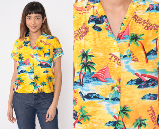 90s Sultra Tropical Shirt Yellow Palm Tree Sailboat Print Button Up Small