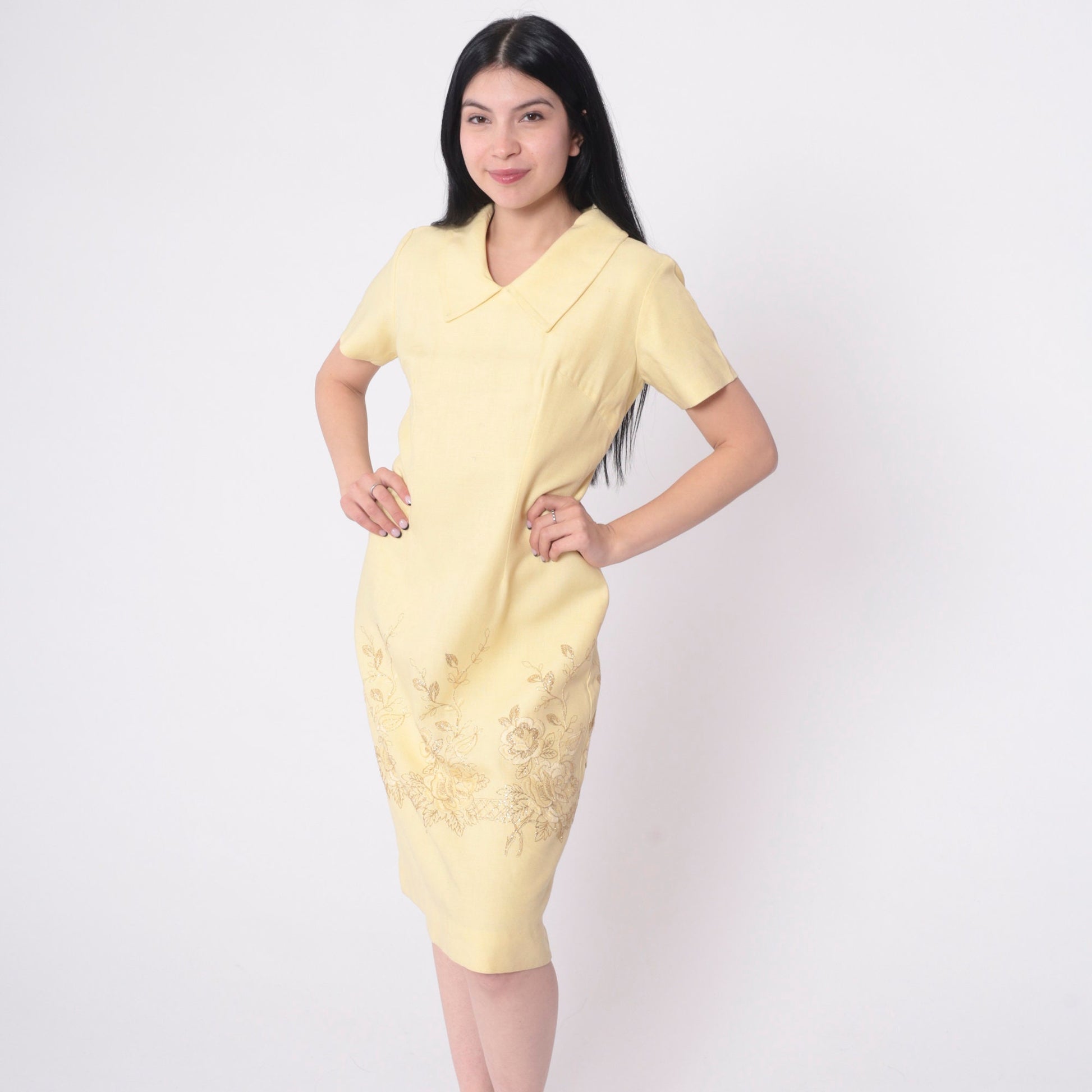 60s Mod Shift Dress Pale Yellow Metallic Gold Floral Embroidery Medium