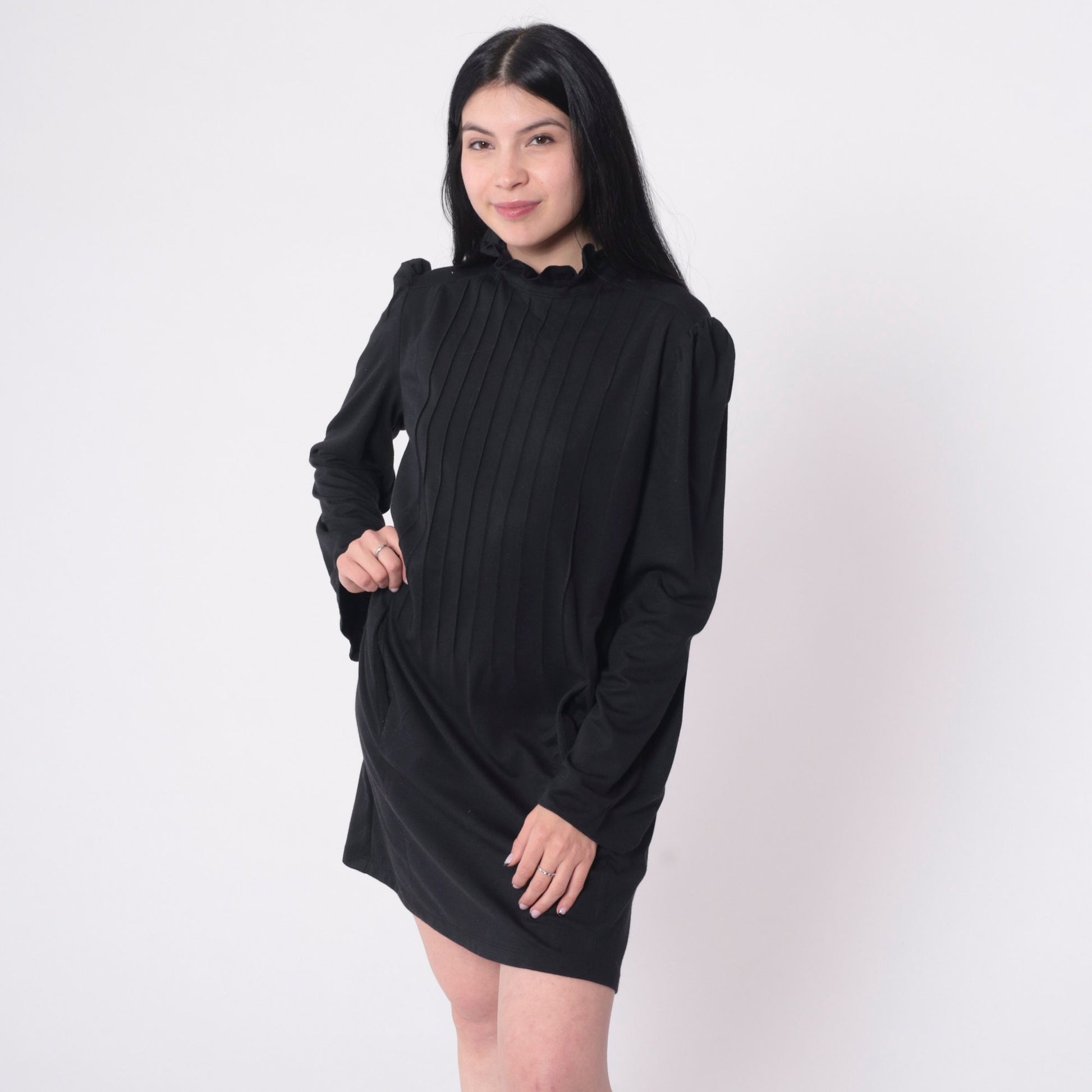 70s Black Shift Dress Ruffle Neck Pintuck Puff Sleeve Mini Medium Large