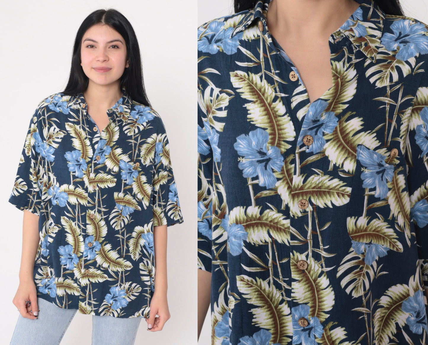 Y2K Blue Hawaiian Shirt Tropical Floral Hibiscus Button Up Medium M