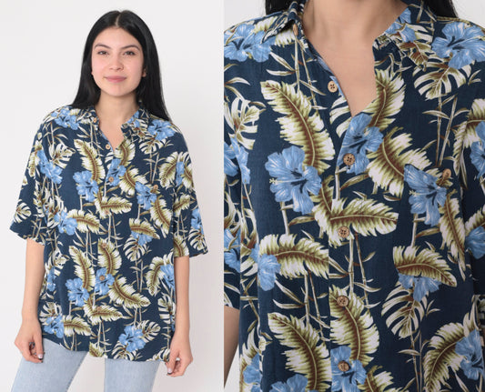 Y2K Blue Hawaiian Shirt Tropical Floral Hibiscus Button Up Medium M