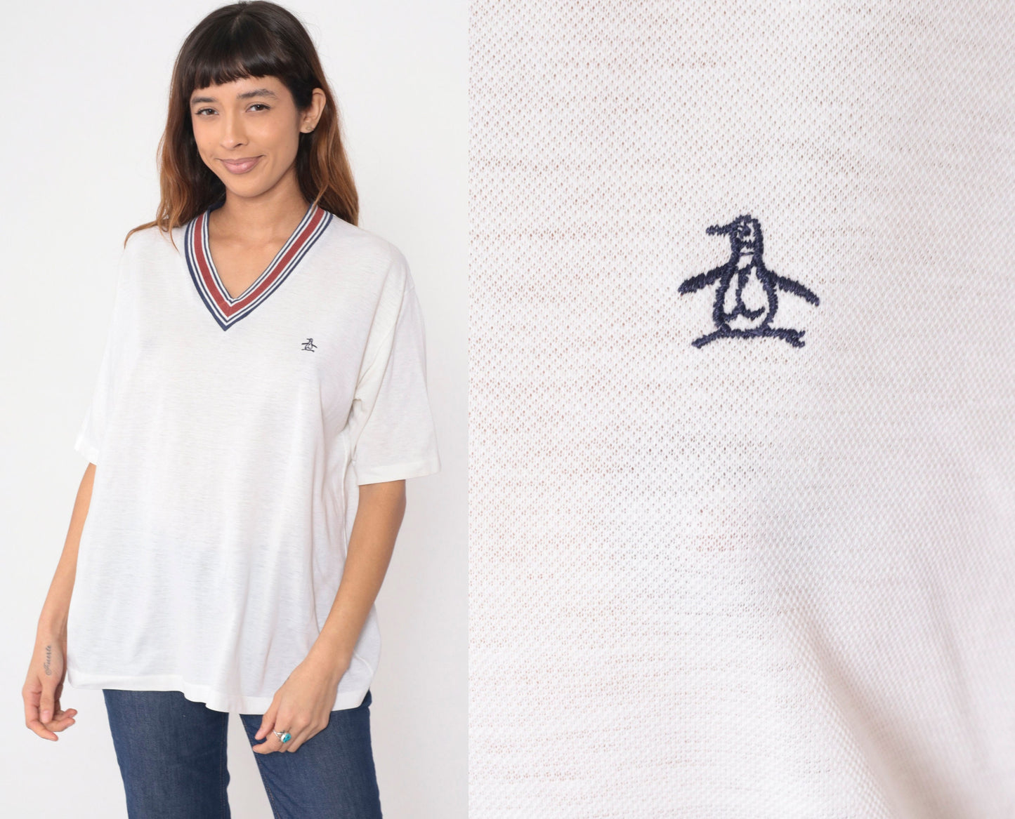 80s Grand Slam Munsingwear Penguin Logo Ringer Tee White V-Neck Extra Large XL