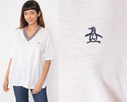 80s Grand Slam Munsingwear Penguin Logo Ringer Tee White V-Neck Extra Large XL