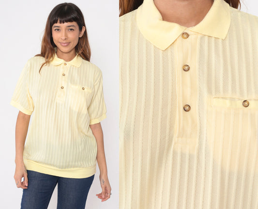 80s Light Yellow Polo Shirt Chest Pocket Banded Hem Men's Medium