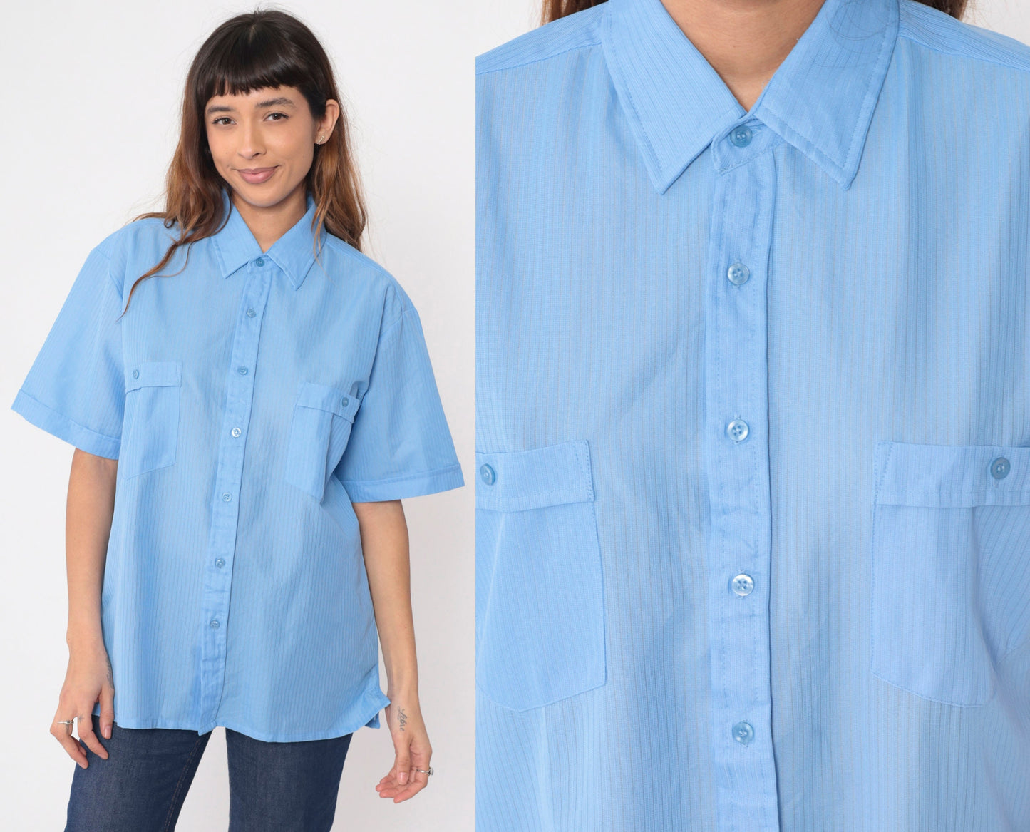 Y2K Haband Light Blue Striped Button Up Shirt Short Sleeve Men's Large L