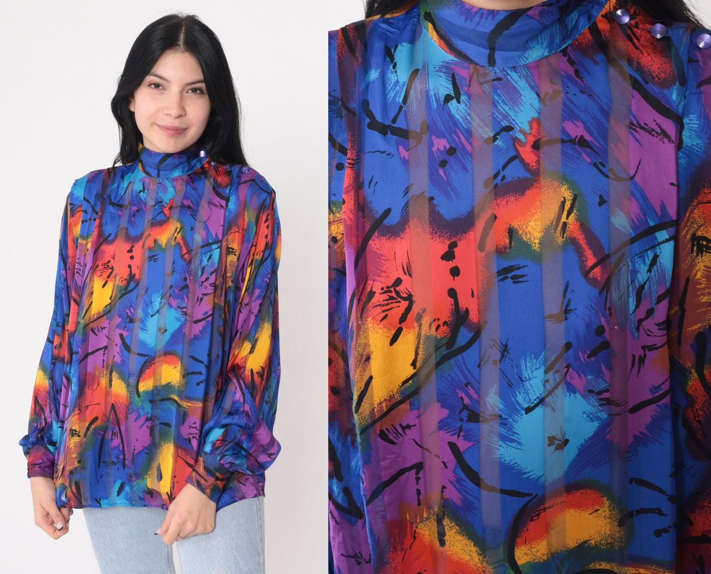 80s Abstract Print Mock Neck Blouse Button Shoulder Long Sleeve Small