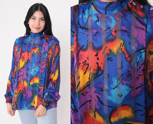 80s Abstract Print Mock Neck Blouse Button Shoulder Long Sleeve Small